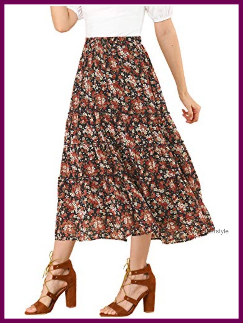 Floral Chiffon Tiered Ruffle A-Line Maxi Skirt Elastic High Waist